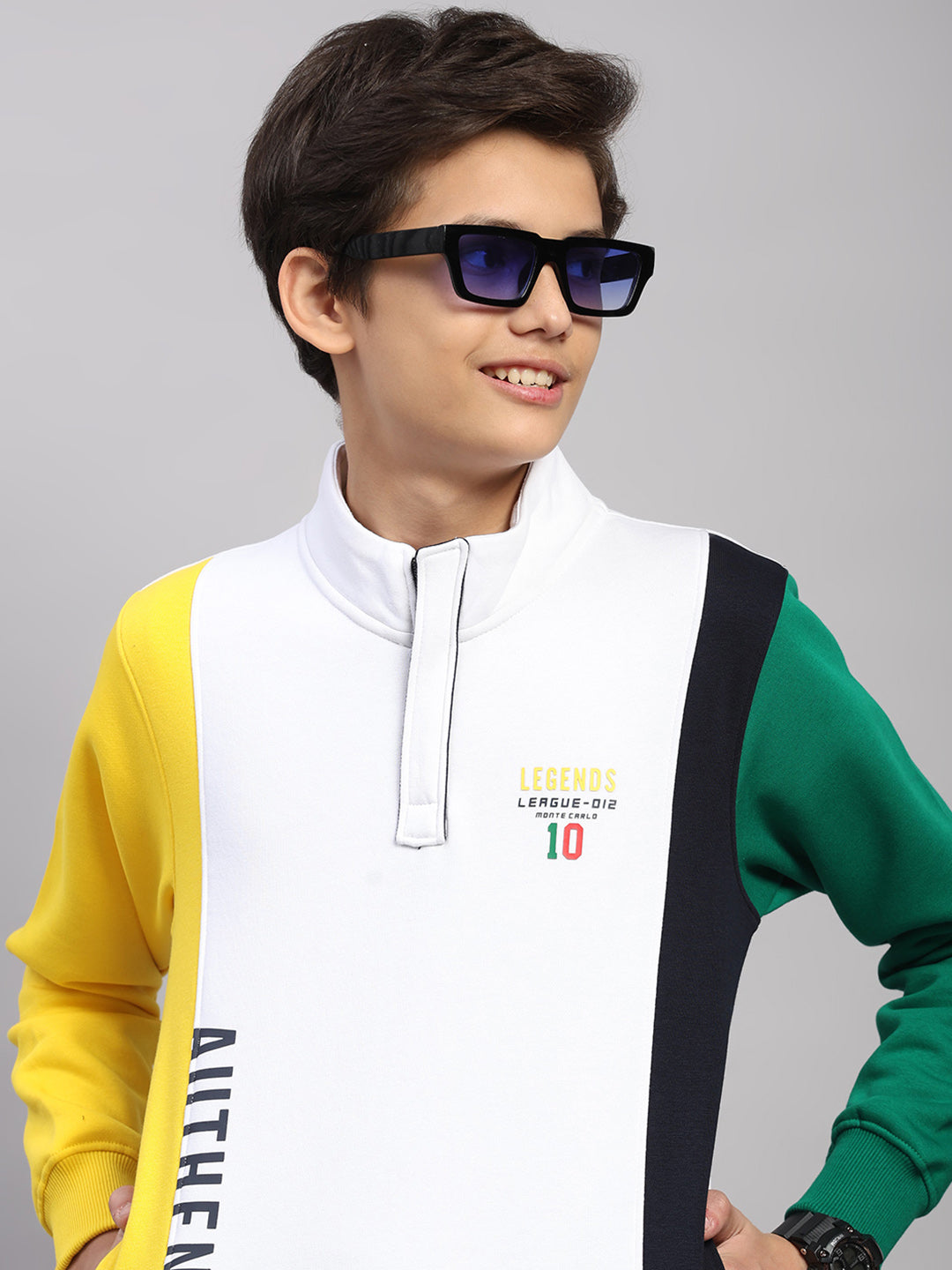 Boys White Printed Collar Full Sleeve Sweatshirt