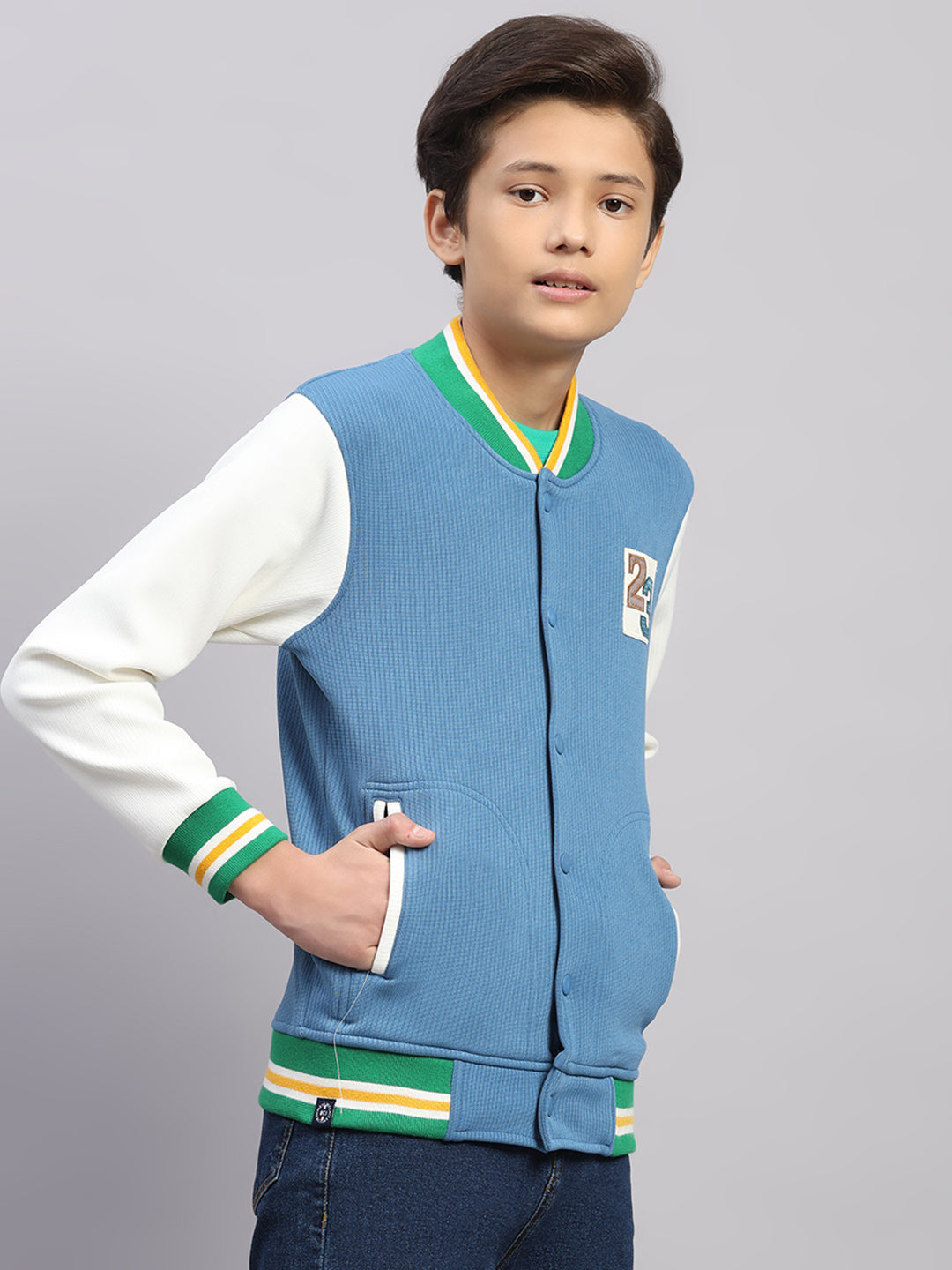 Boys Blue Embroidered Round Neck Full Sleeve Sweatshirt