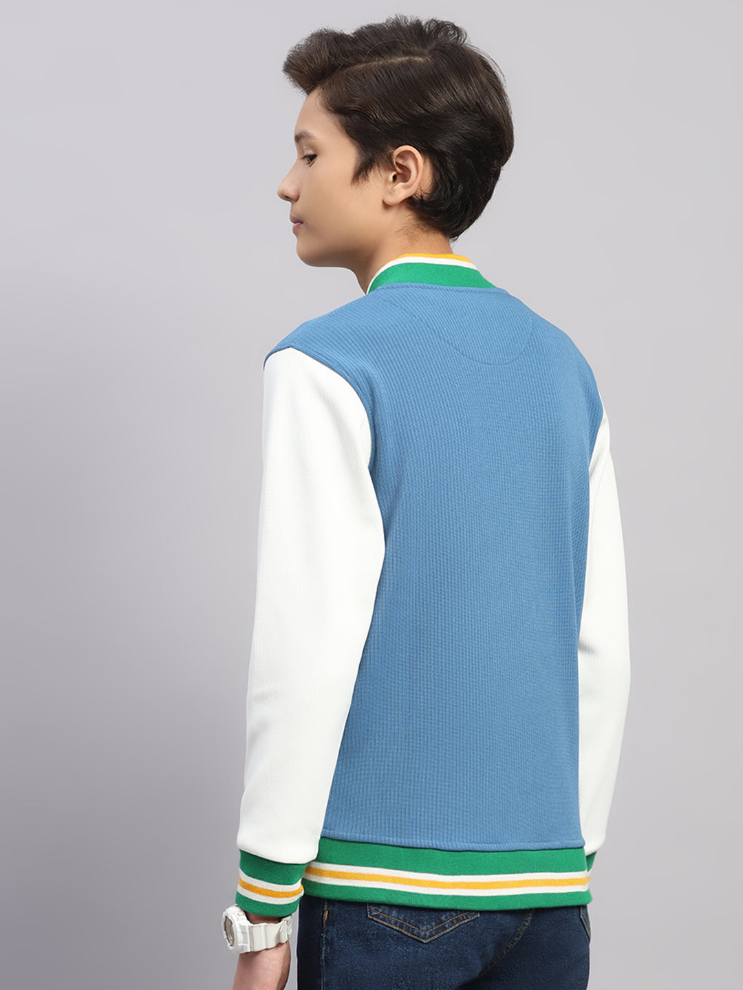 Boys Blue Embroidered Round Neck Full Sleeve Sweatshirt