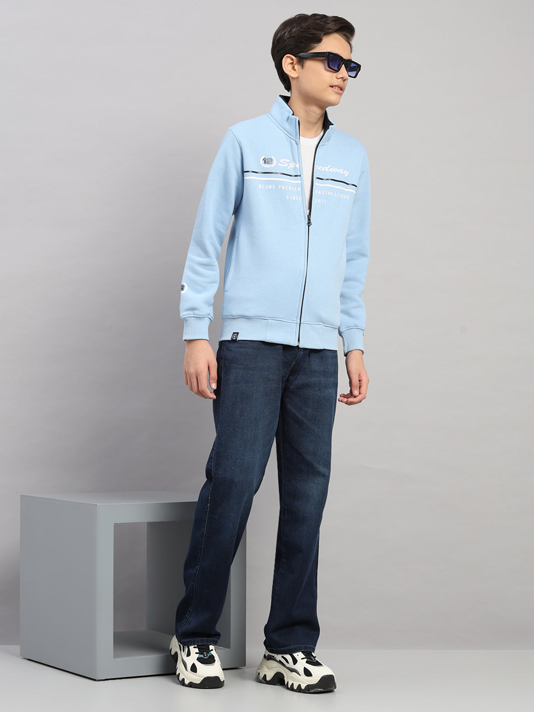 Boys Sky Blue Printed Turtle Neck Full Sleeve Sweatshirt