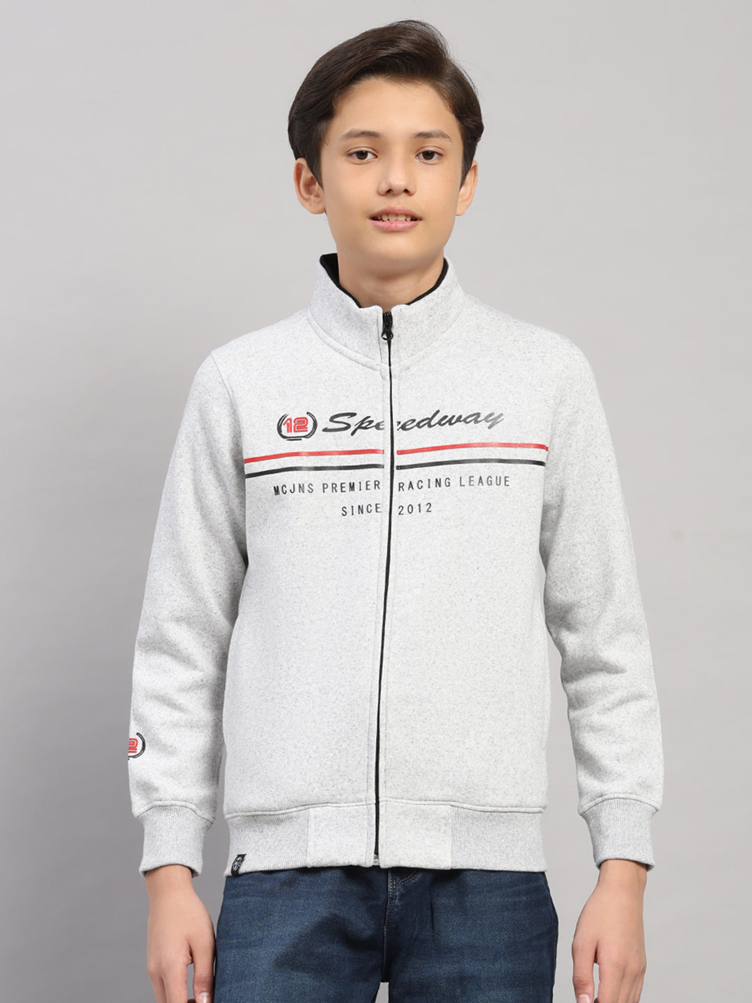Boys Grey Melange Printed Turtle Neck Full Sleeve Sweatshirt