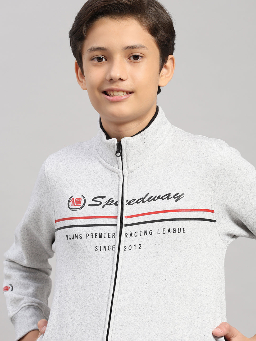 Boys Grey Melange Printed Turtle Neck Full Sleeve Sweatshirt