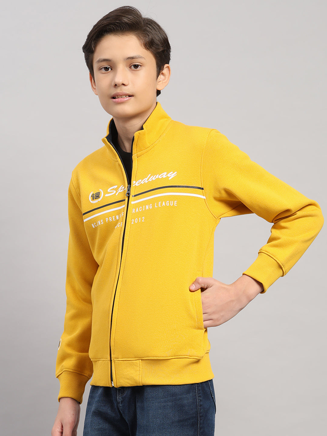 Boys Mustard Printed Turtle Neck Full Sleeve Sweatshirt