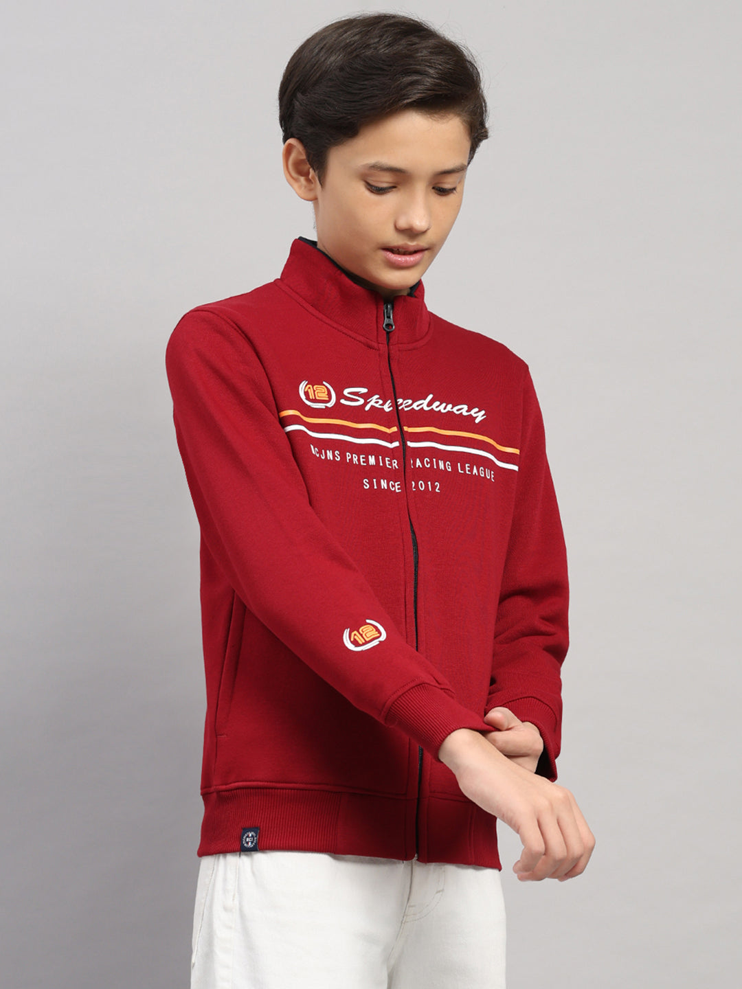 Boys Maroon Printed Turtle Neck Full Sleeve Sweatshirt