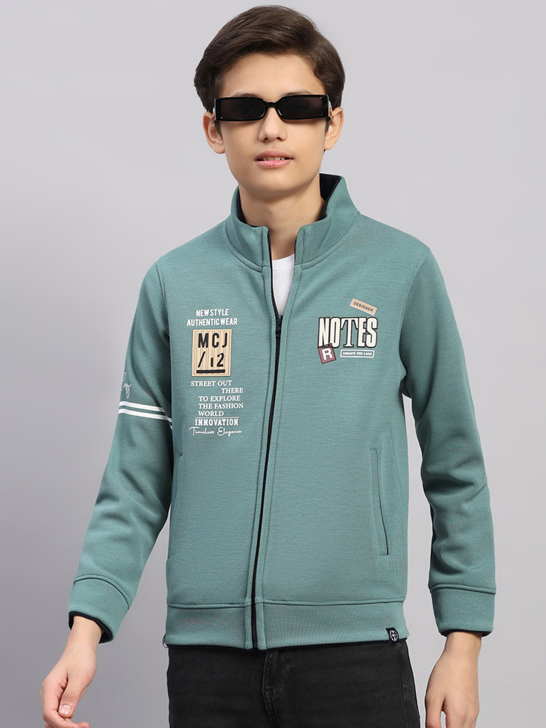Boys Green Printed Round Neck Full Sleeve Sweatshirt