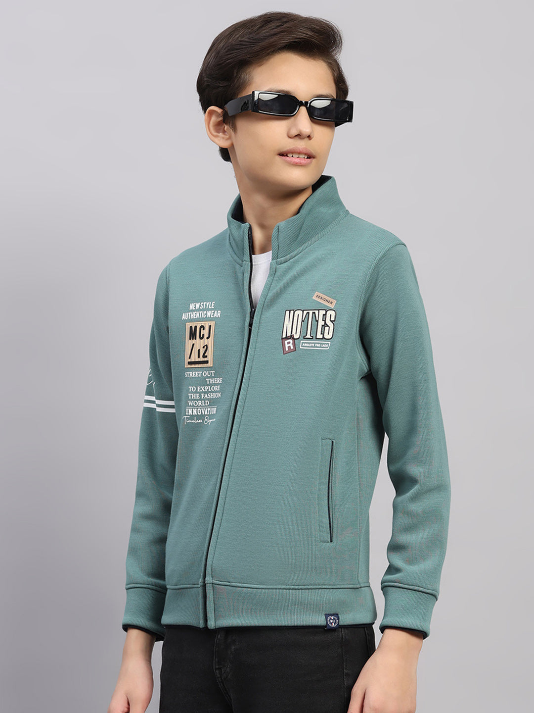 Boys Green Printed Round Neck Full Sleeve Sweatshirt