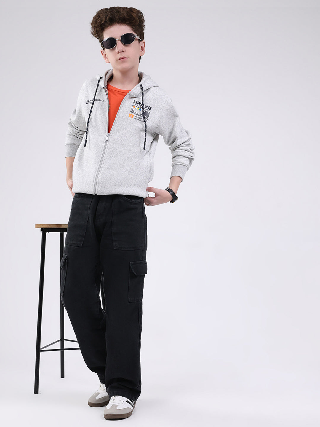 Boys Grey Printed Hooded Full Sleeve Sweatshirt