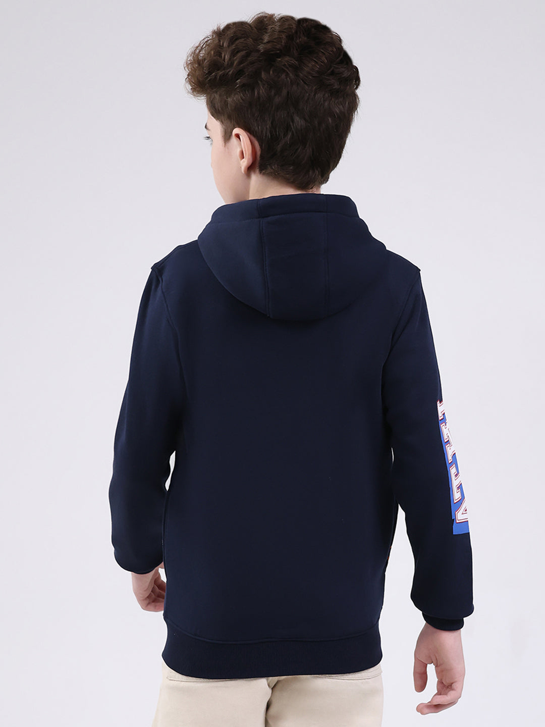 Boys Navy Blue Printed Hooded Full Sleeve Sweatshirt