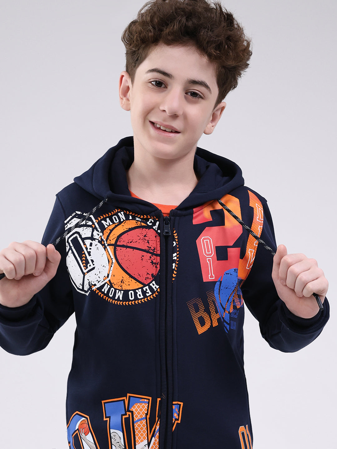 Boys Navy Blue Printed Hooded Full Sleeve Sweatshirt