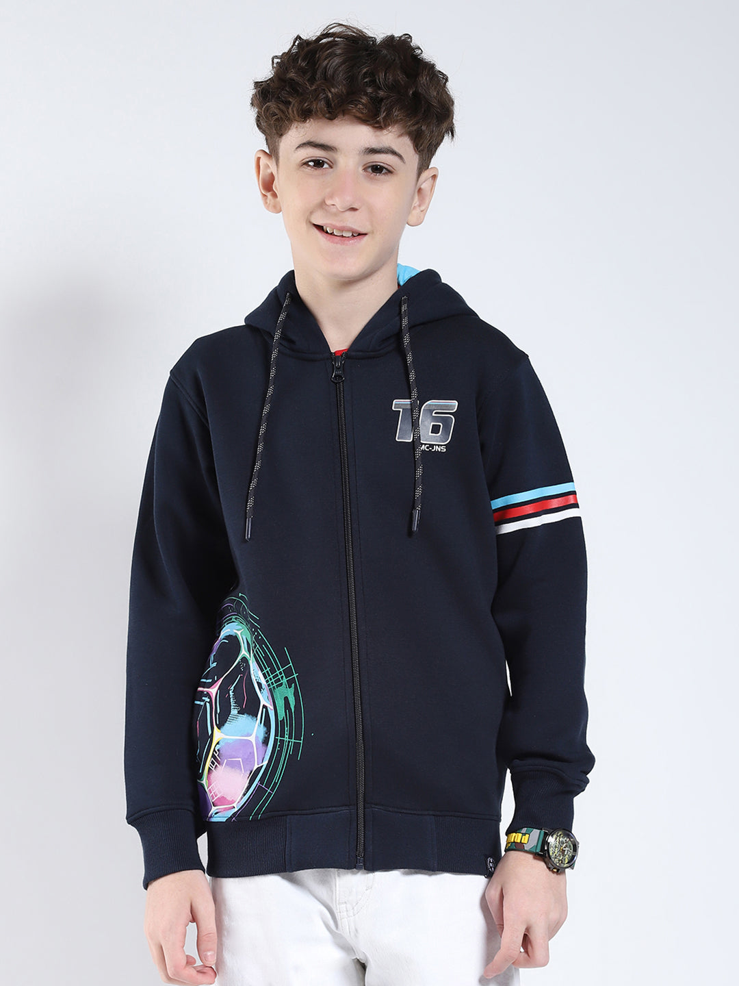 Boys Navy Blue Printed Hooded Full Sleeve Sweatshirt