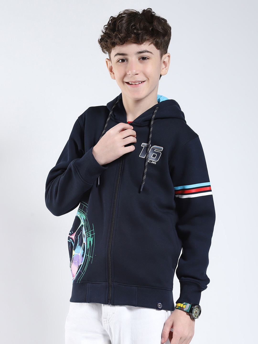 Boys Navy Blue Printed Hooded Full Sleeve Sweatshirt
