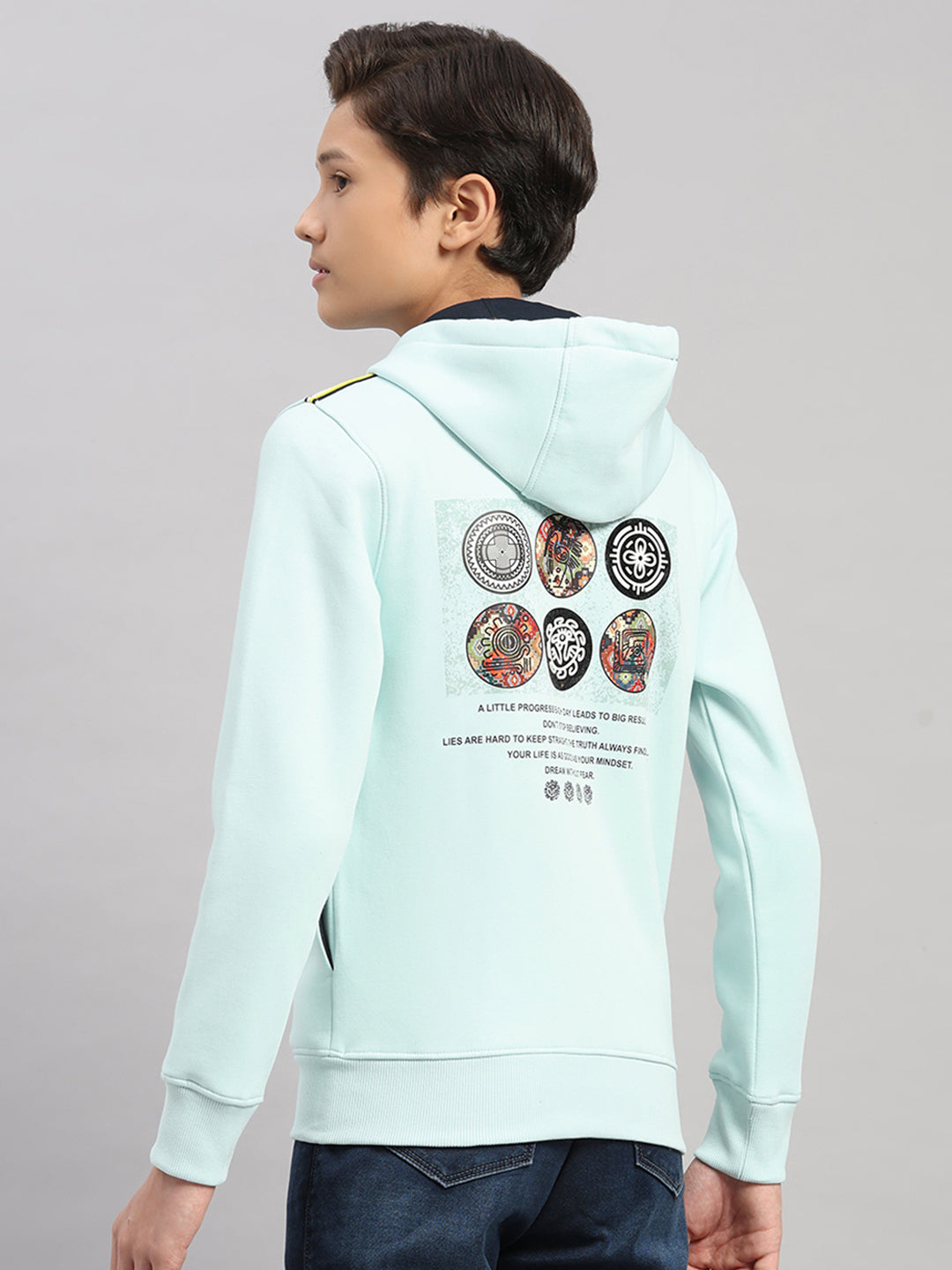 Boys Blue Printed Hooded Full Sleeve Sweatshirt