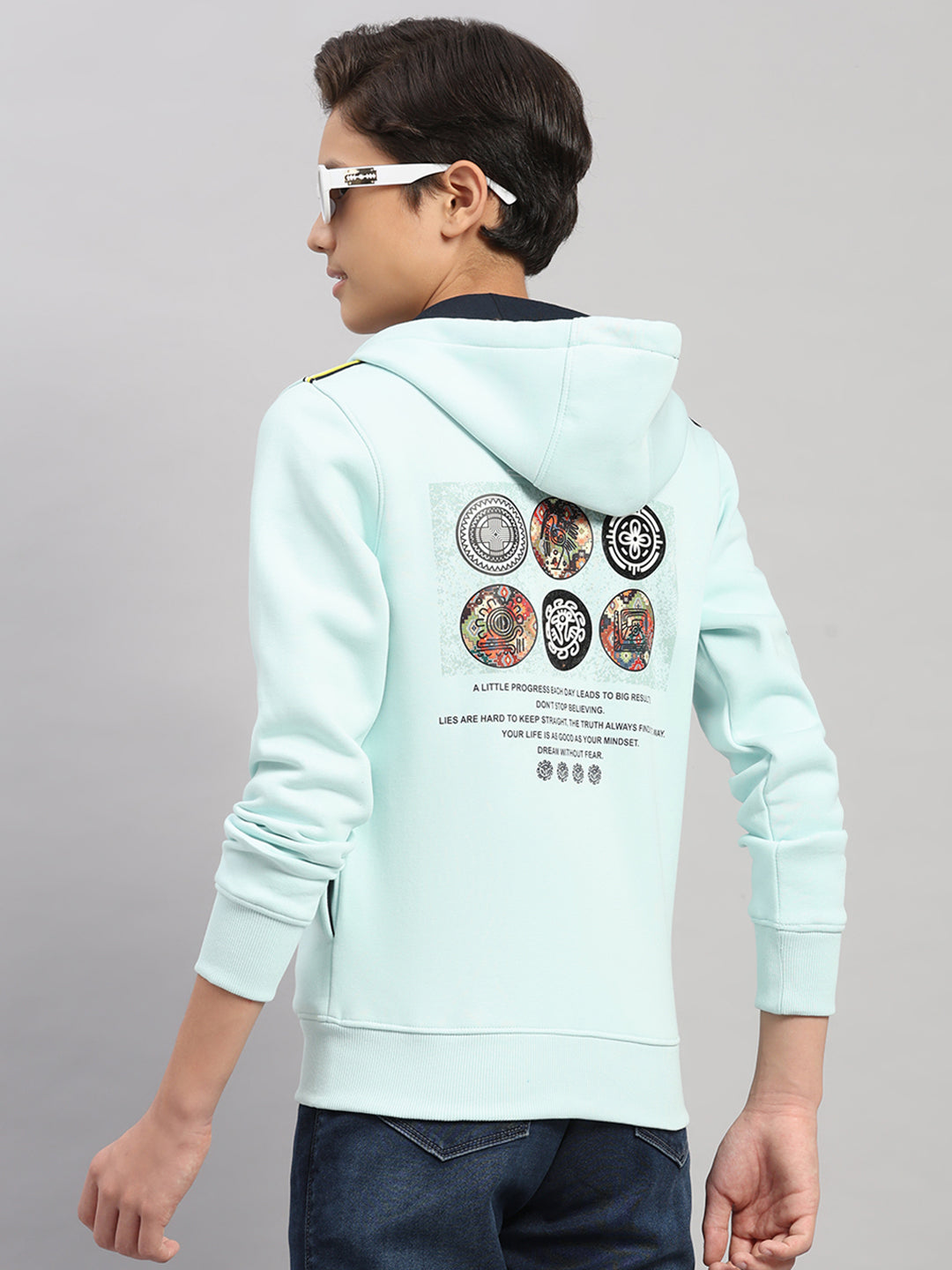 Boys Blue Printed Hooded Full Sleeve Sweatshirt
