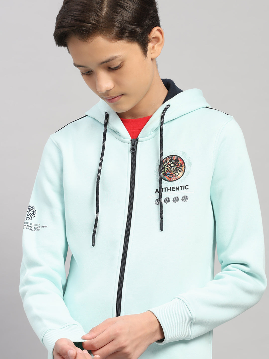 Boys Blue Printed Hooded Full Sleeve Sweatshirt