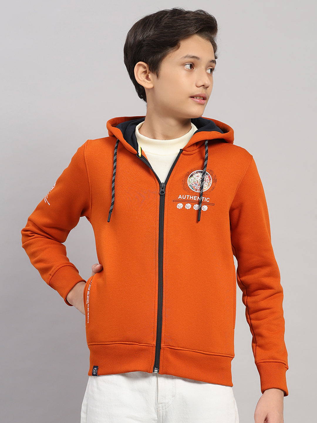 Boys Orange Printed Hooded Full Sleeve Sweatshirt