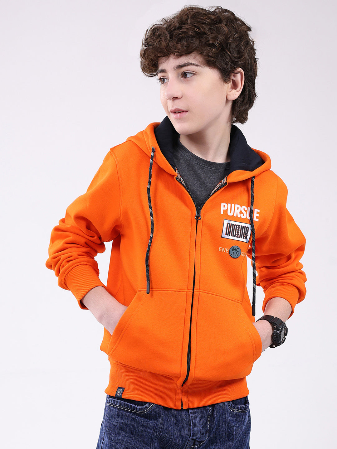 Boys Orange Printed Hooded Full Sleeve Sweatshirt