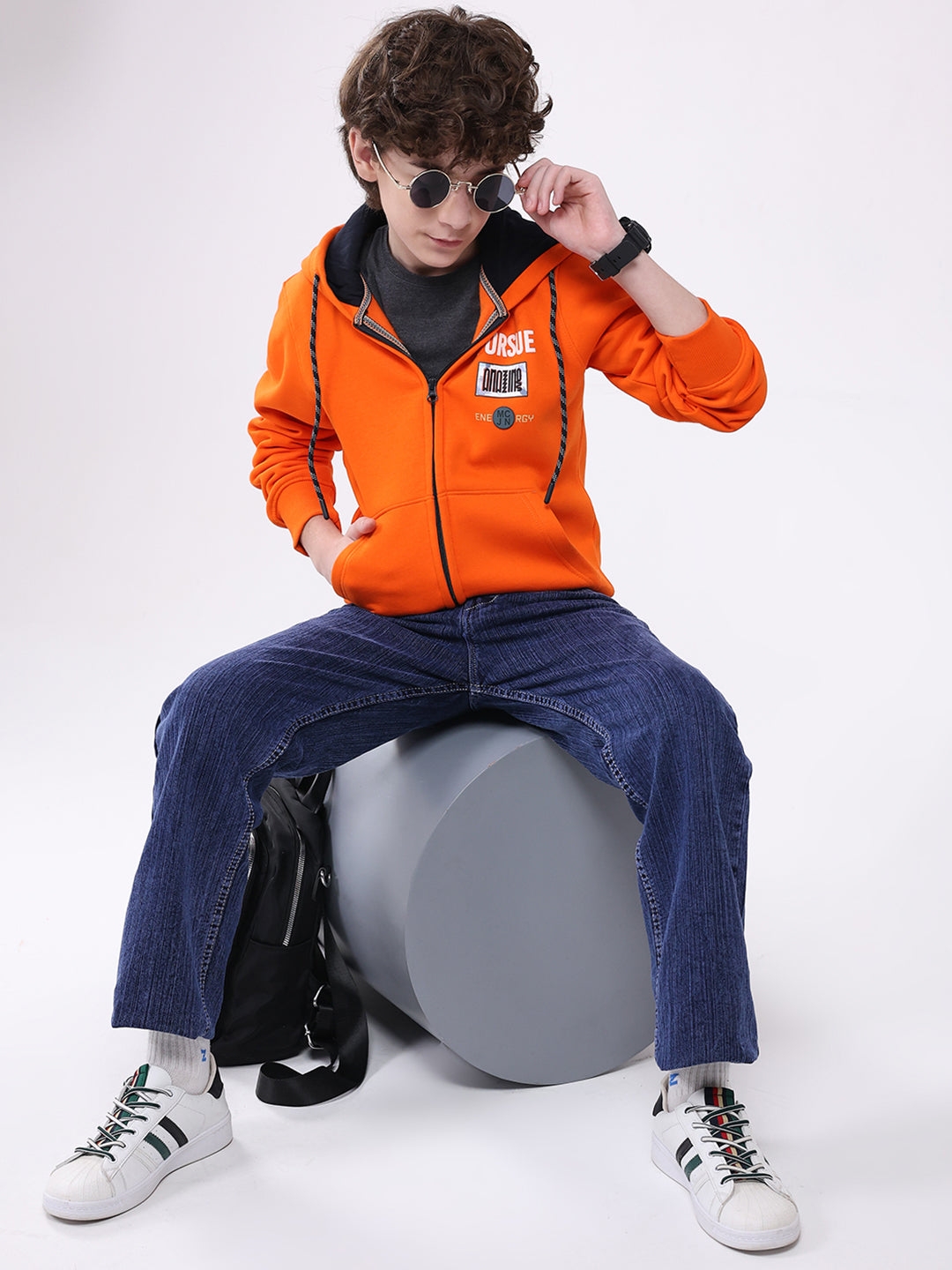 Boys Orange Printed Hooded Full Sleeve Sweatshirt