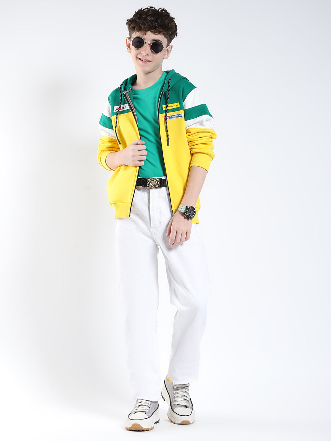 Boys Yellow Printed Hooded Full Sleeve Sweatshirt