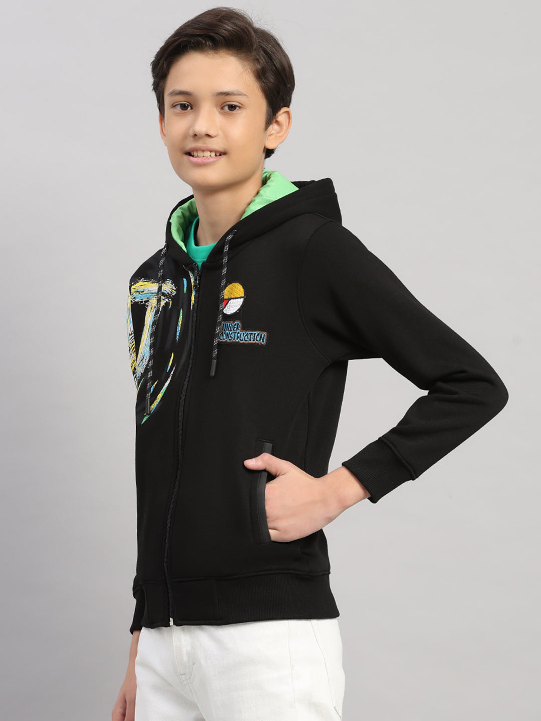 Boys Black Printed Hooded Full Sleeve Sweatshirt