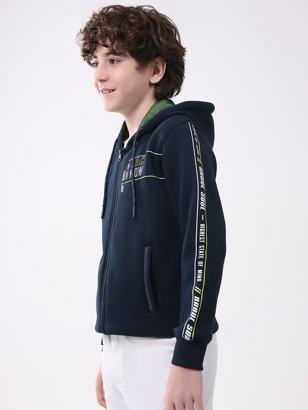 Boys Navy Blue Printed Hooded Full Sleeve Sweatshirt