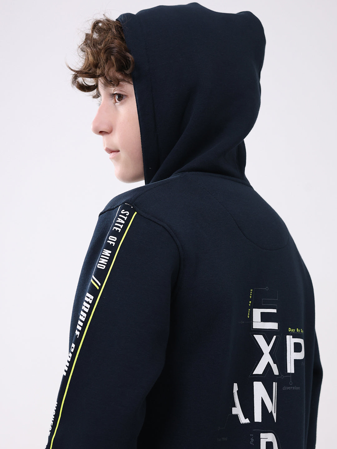 Boys Navy Blue Printed Hooded Full Sleeve Sweatshirt