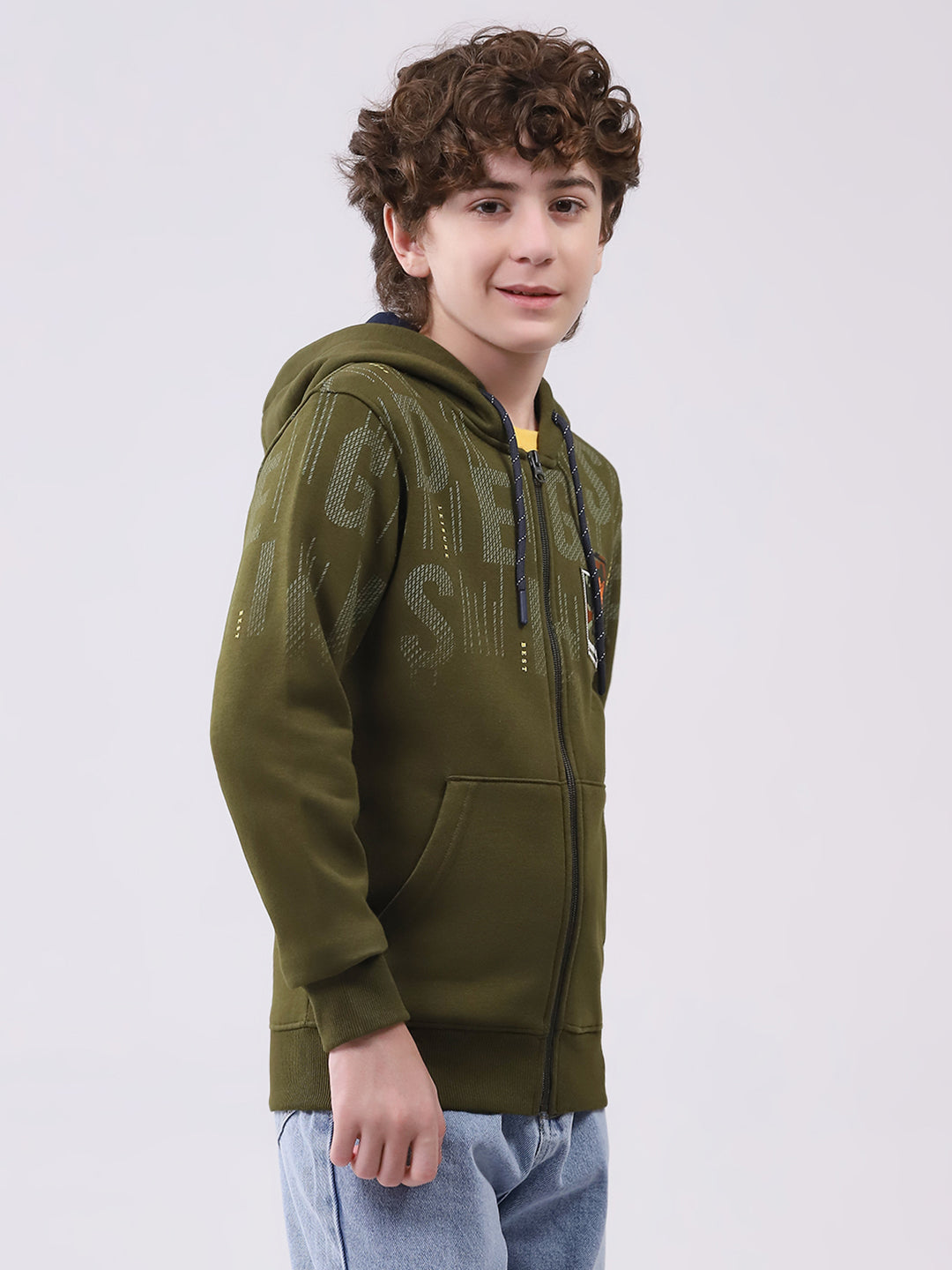 Boys Olive Printed Hooded Full Sleeve Sweatshirt
