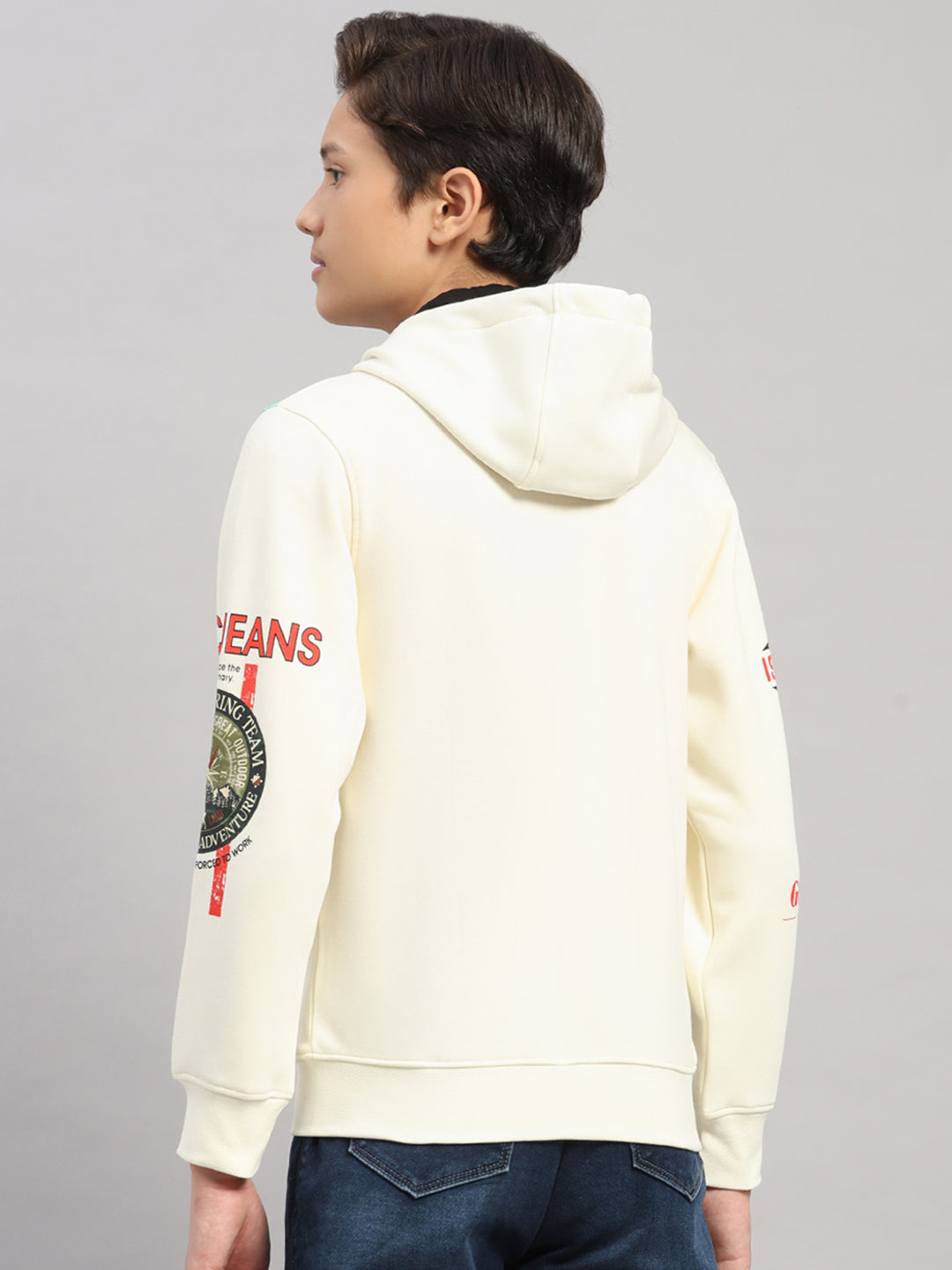 Boys Cream Printed Hooded Full Sleeve Sweatshirt