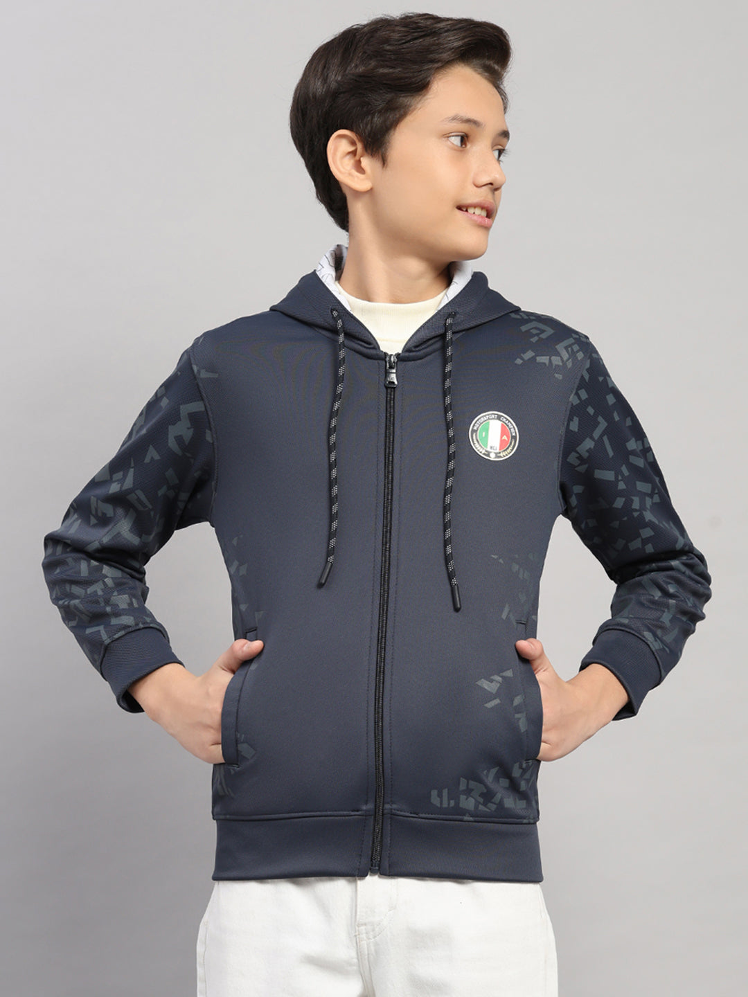Boys Navy Blue Printed Hooded Full Sleeve Sweatshirt