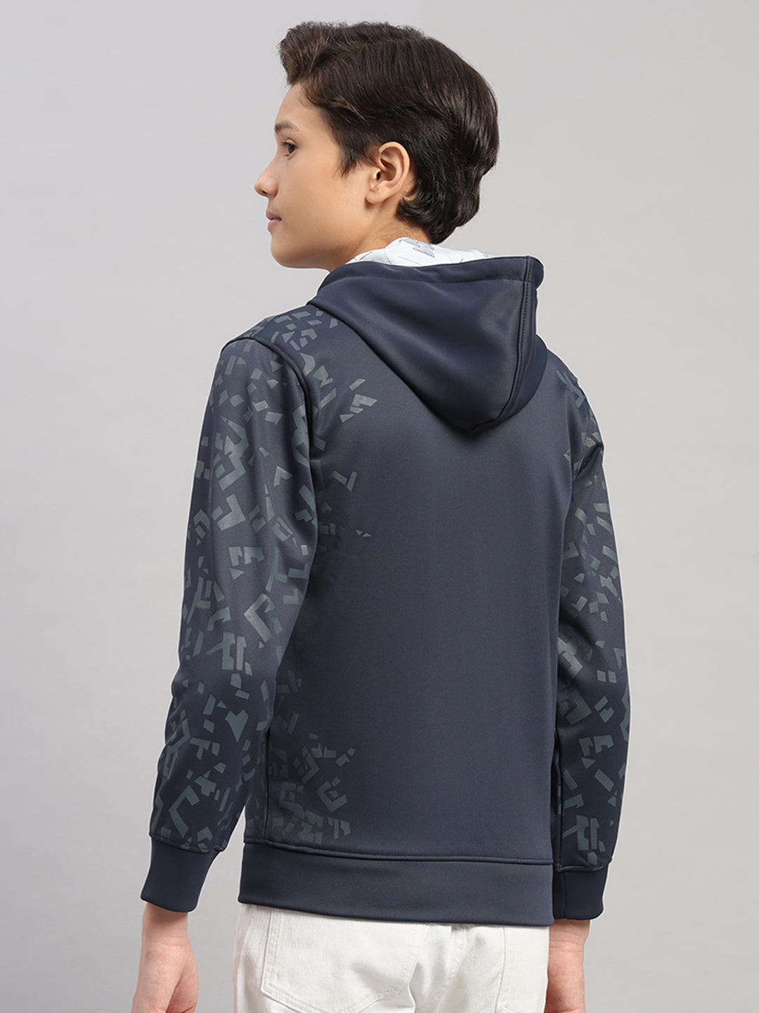 Boys Navy Blue Printed Hooded Full Sleeve Sweatshirt