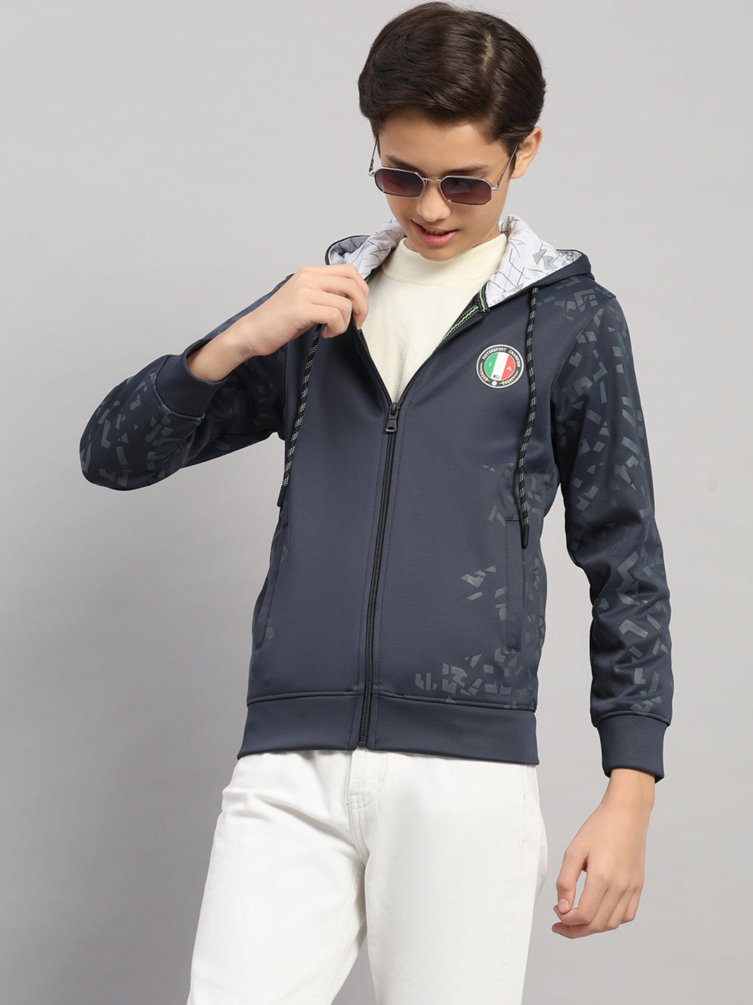 Boys Navy Blue Printed Hooded Full Sleeve Sweatshirt