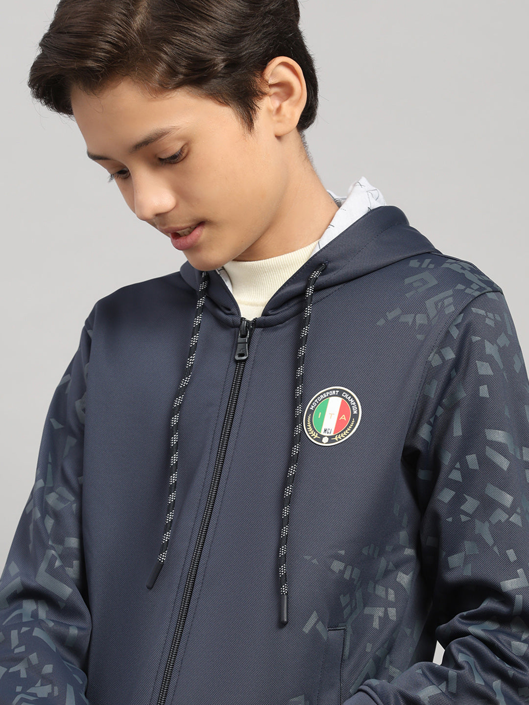 Boys Navy Blue Printed Hooded Full Sleeve Sweatshirt