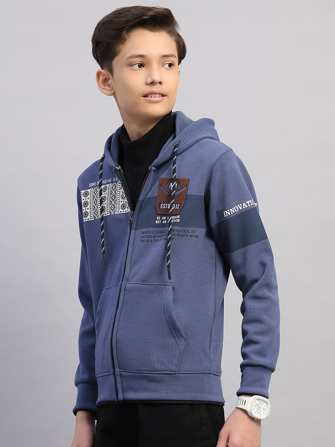 Boys Blue Printed Hooded Full Sleeve Sweatshirt