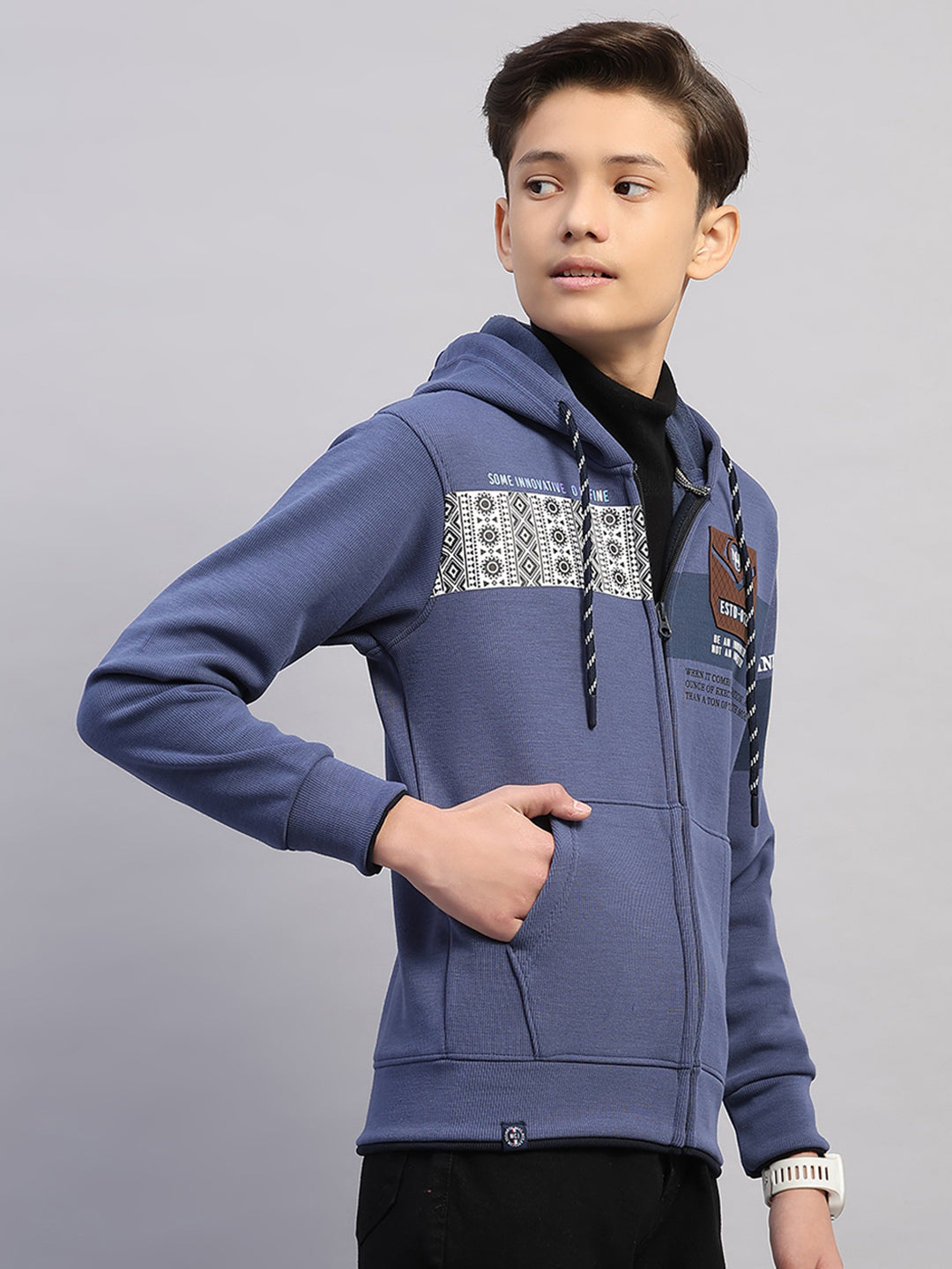 Boys Blue Printed Hooded Full Sleeve Sweatshirt