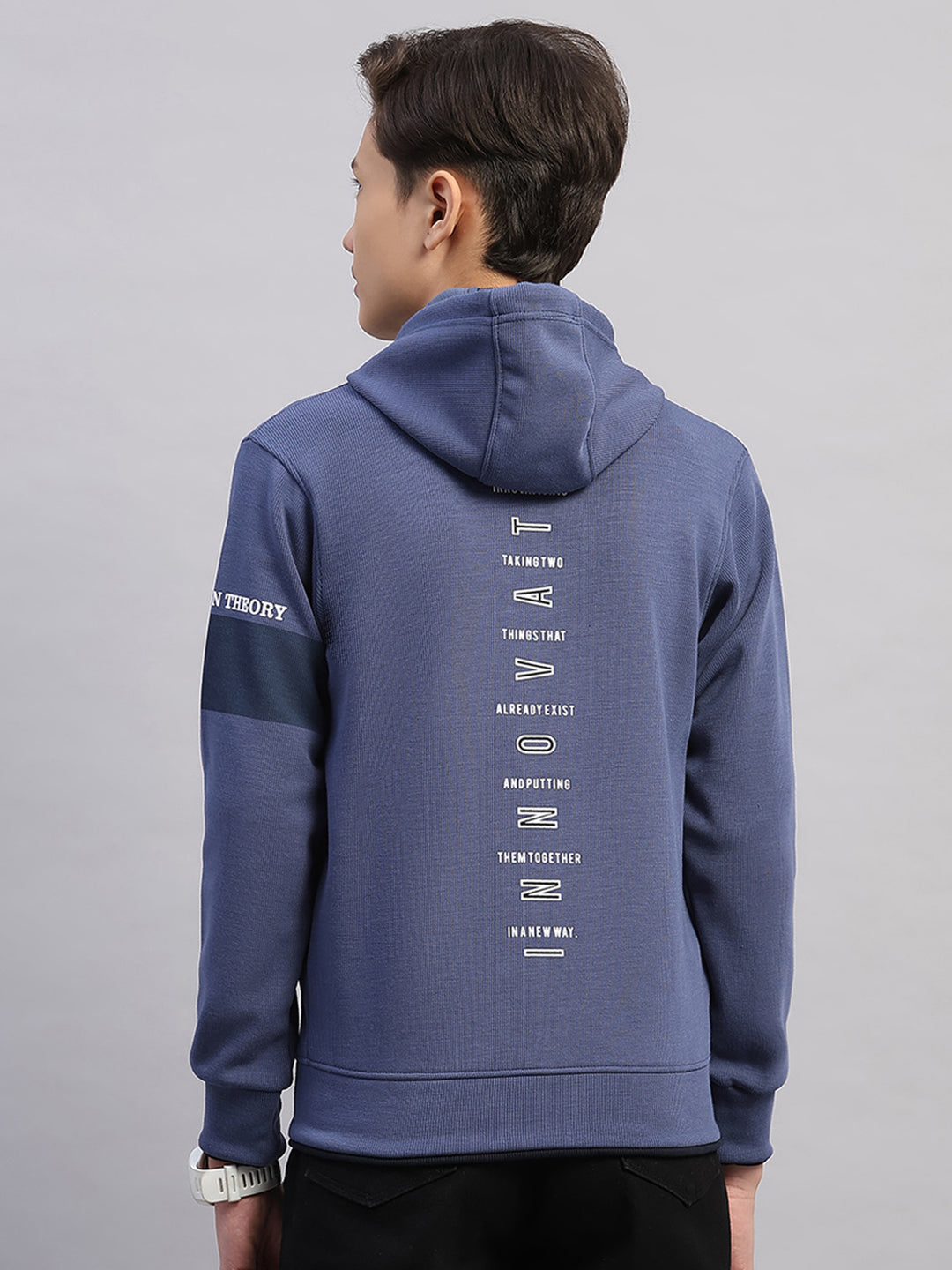 Boys Blue Printed Hooded Full Sleeve Sweatshirt
