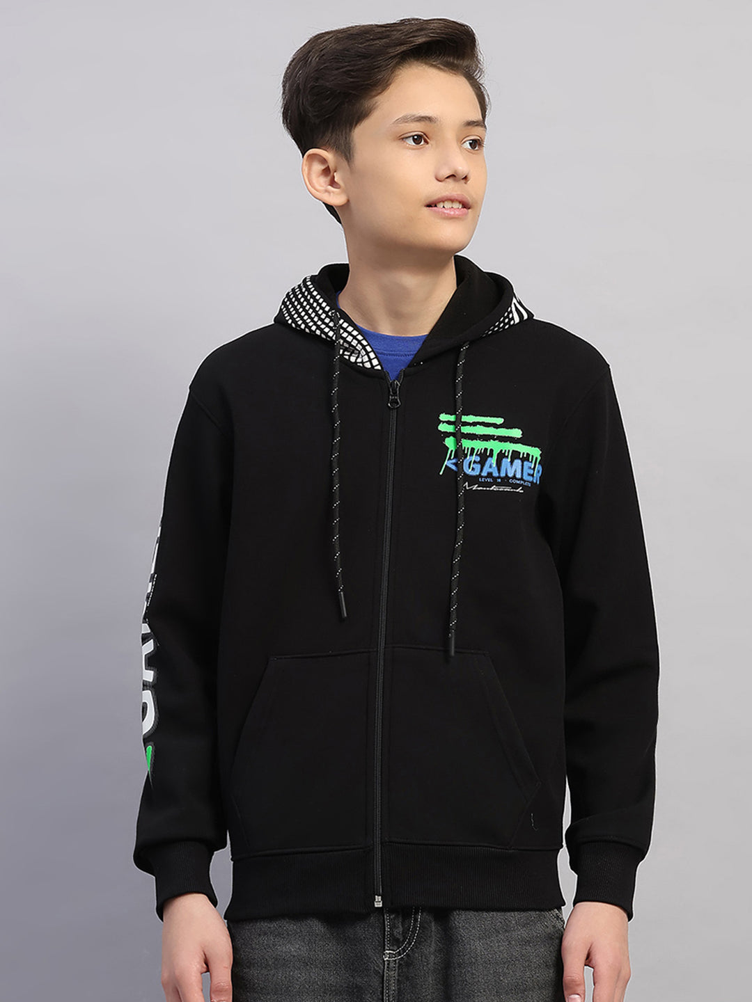 Boys Black Printed Hooded Full Sleeve Sweatshirt