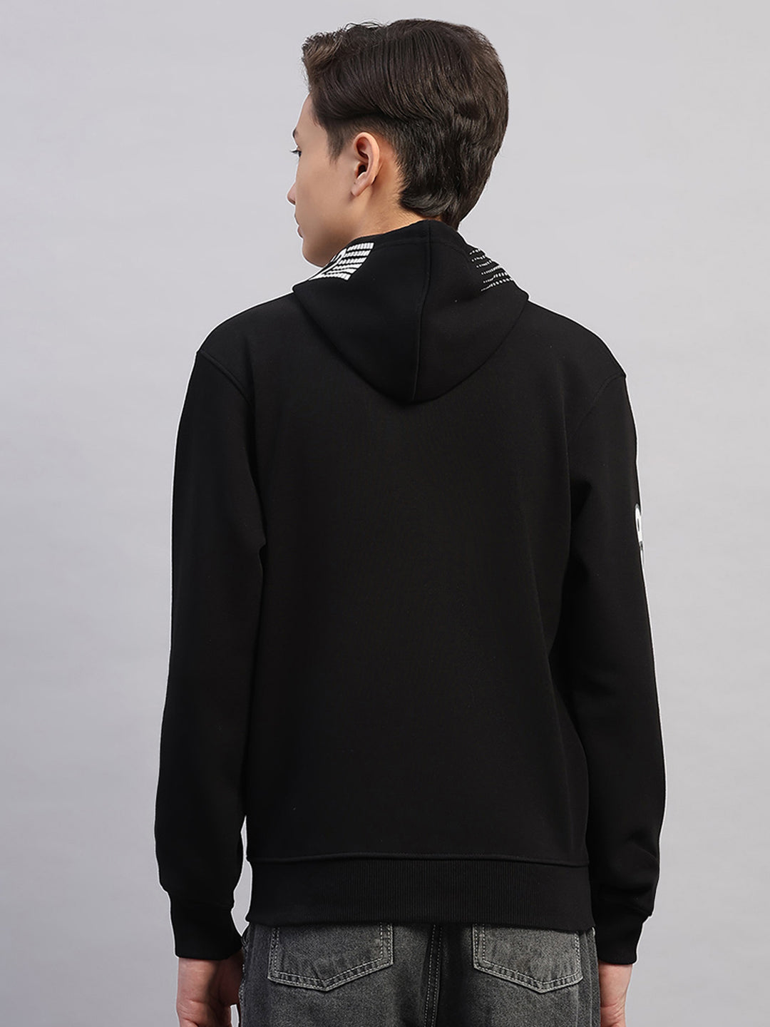 Boys Black Printed Hooded Full Sleeve Sweatshirt