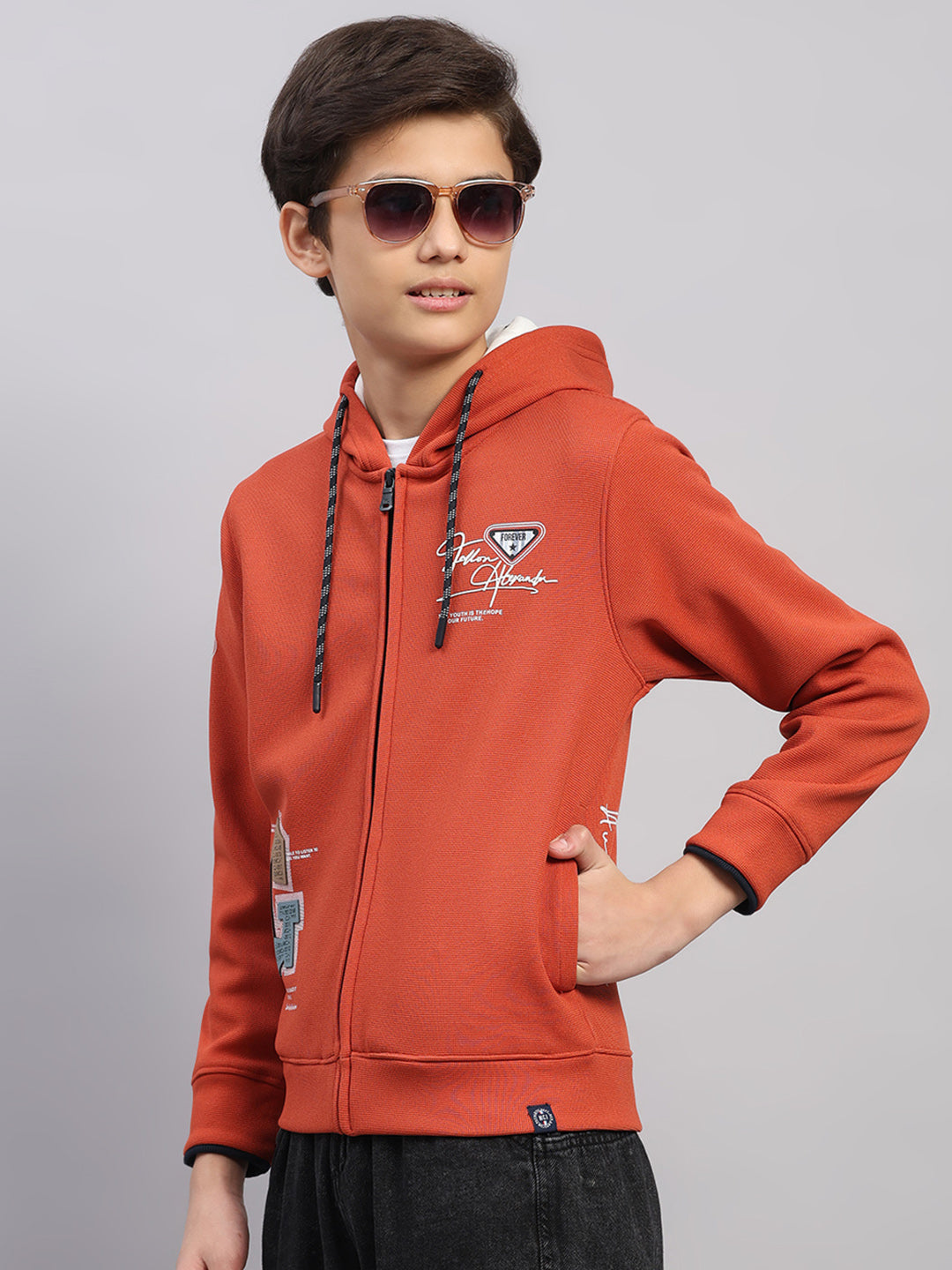 Boys Rust Printed Hooded Full Sleeve Sweatshirt