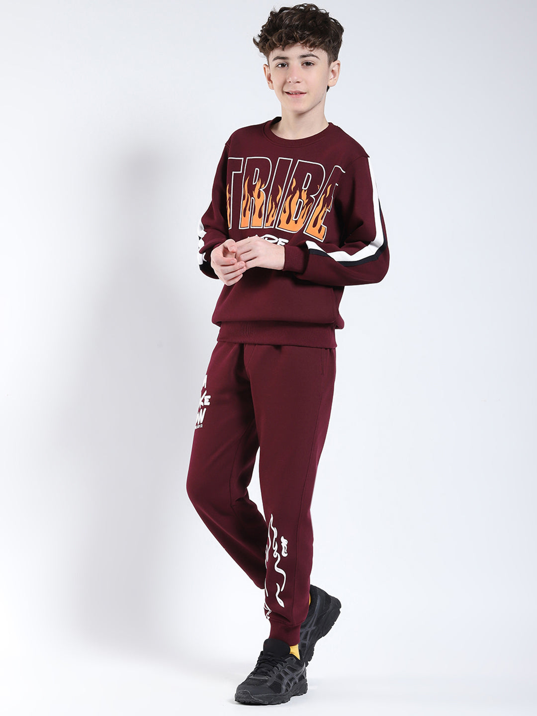 Boys Maroon Printed Round Neck Full Sleeve Winter Tracksuit