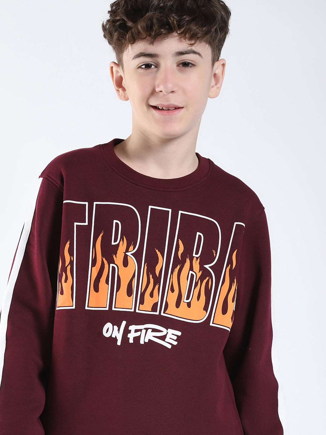 Boys Maroon Printed Round Neck Full Sleeve Winter Tracksuit