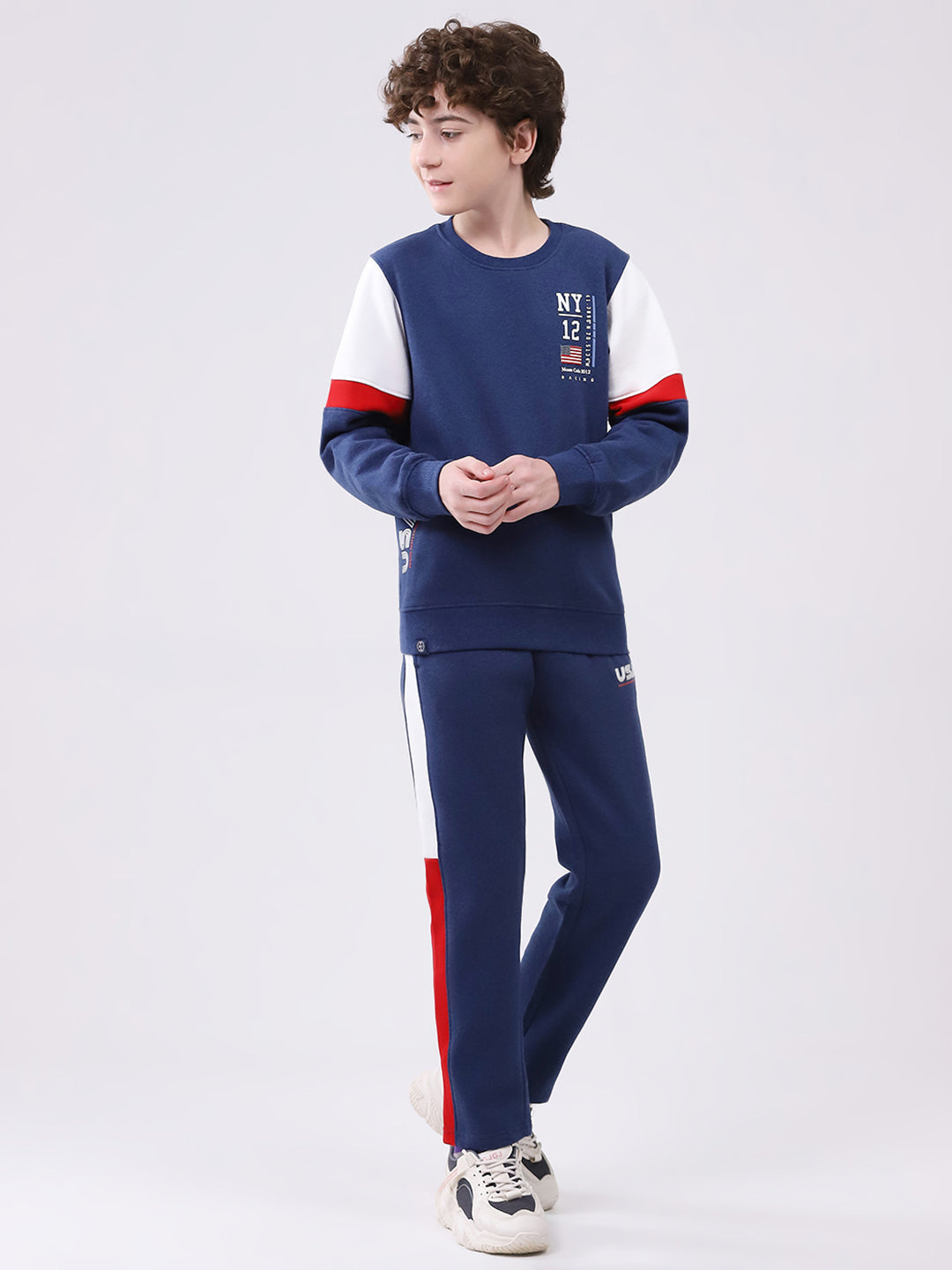 Boys Blue Printed Round Neck Full Sleeve Winter Tracksuit
