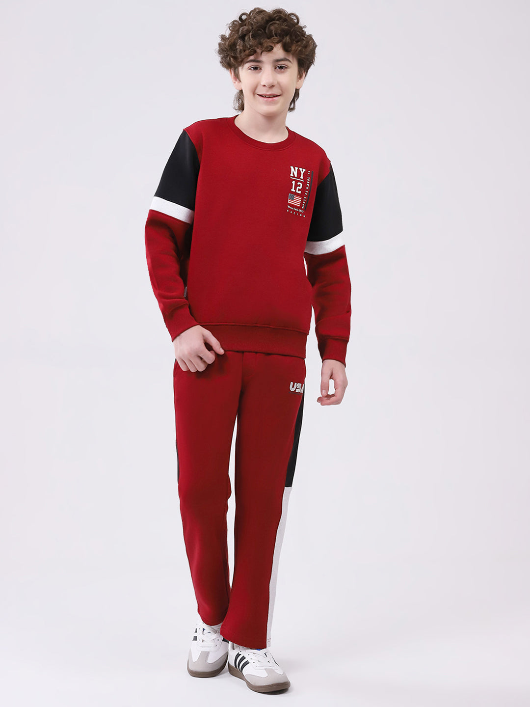 Boys Maroon Printed Round Neck Full Sleeve Winter Tracksuit