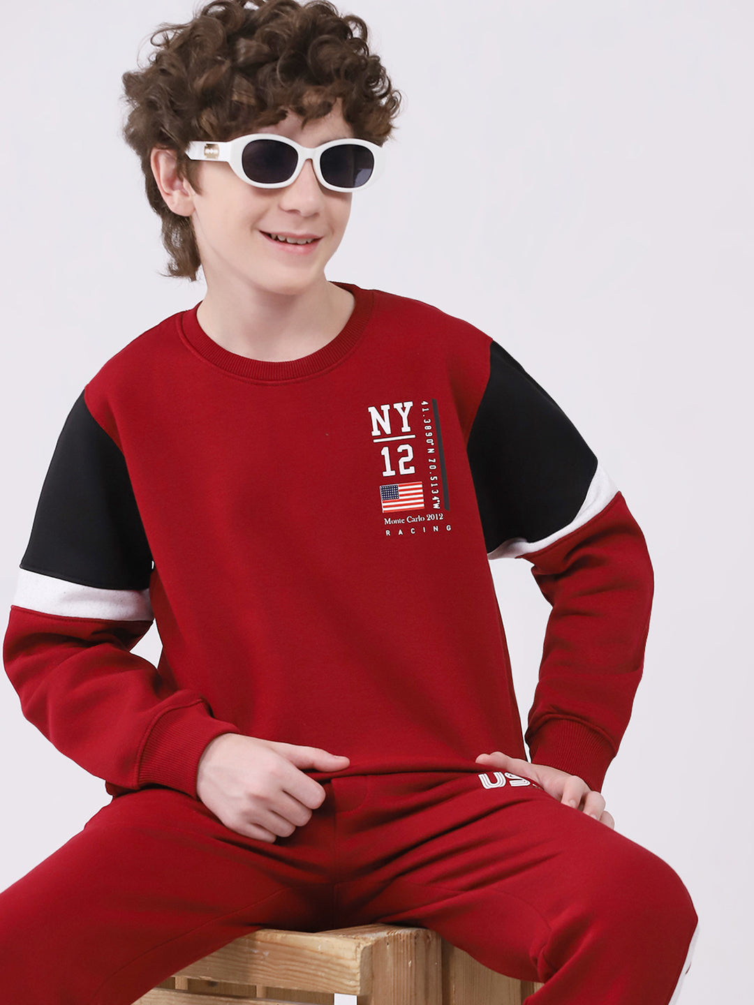 Boys Maroon Printed Round Neck Full Sleeve Winter Tracksuit