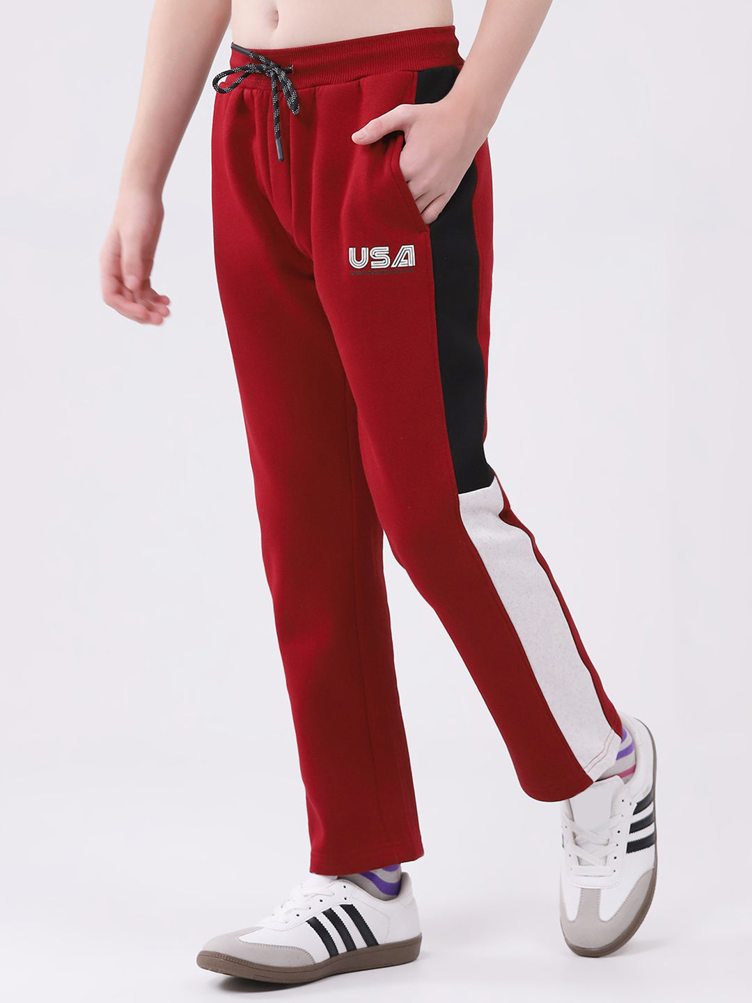 Boys Maroon Printed Round Neck Full Sleeve Winter Tracksuit
