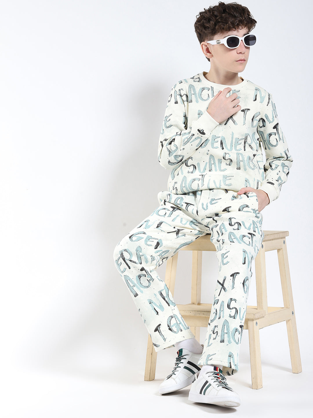 Boys Cream Printed Round Neck Full Sleeve Winter Tracksuit