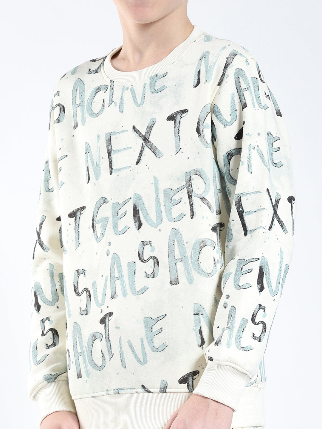 Boys Cream Printed Round Neck Full Sleeve Winter Tracksuit