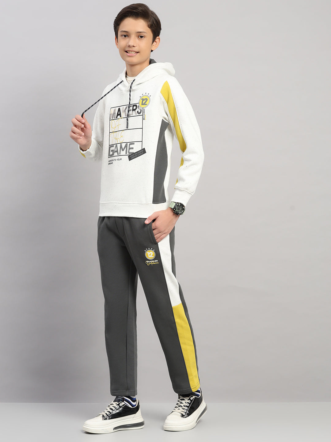 Boys Grey Printed Collar Full Sleeve Winter Tracksuit