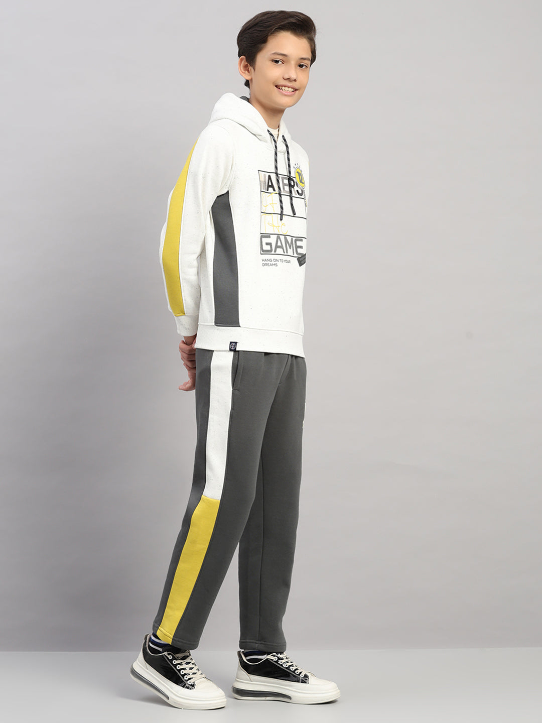 Boys Grey Printed Collar Full Sleeve Winter Tracksuit