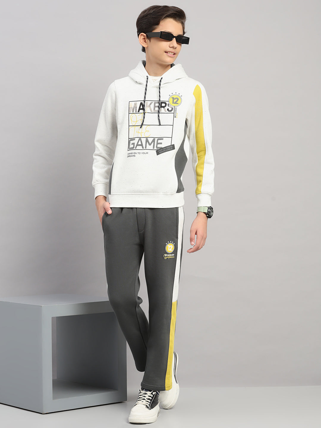 Boys Grey Printed Collar Full Sleeve Winter Tracksuit