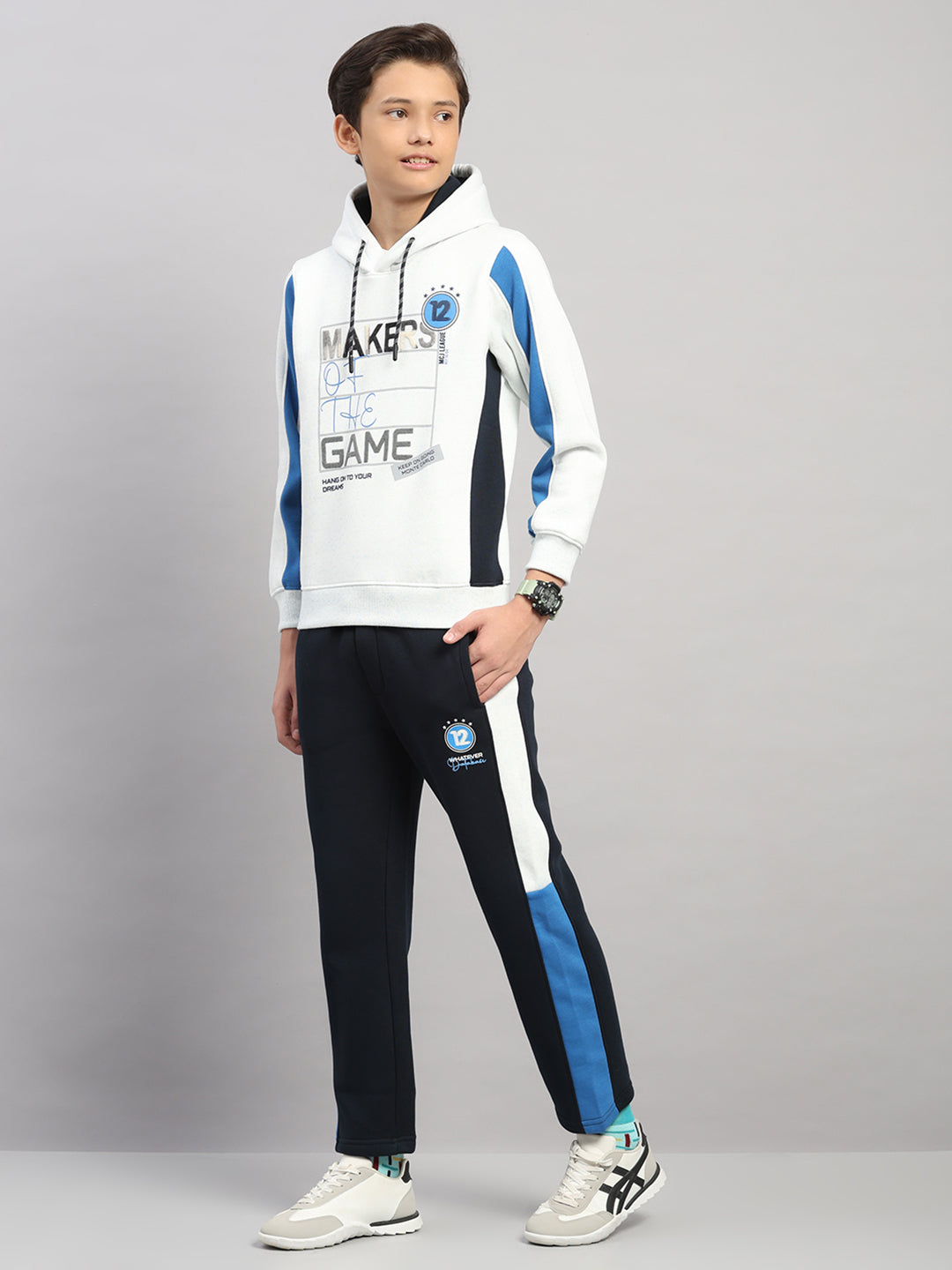 Boys Navy Blue Printed Collar Full Sleeve Winter Tracksuit