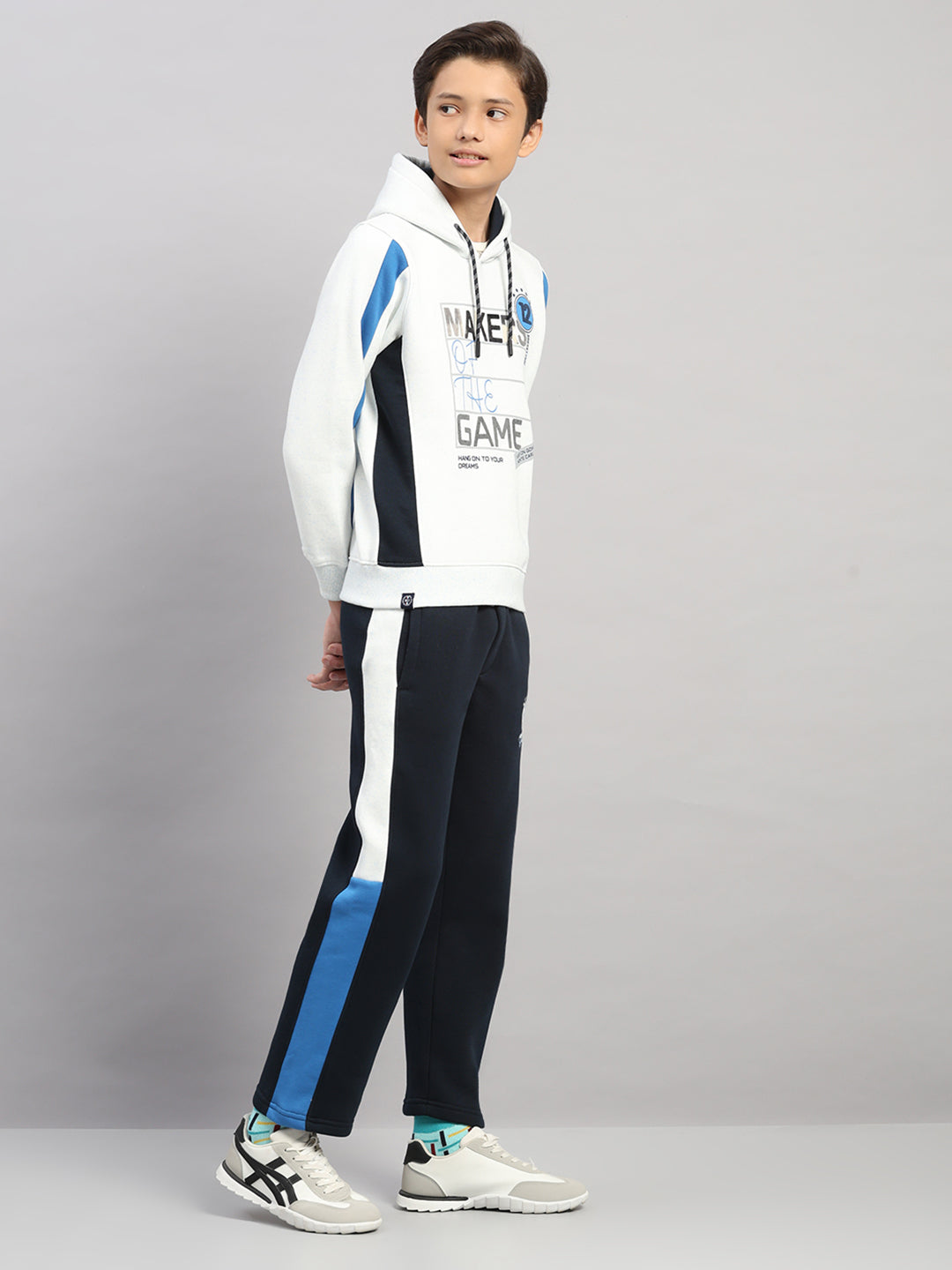 Boys Navy Blue Printed Collar Full Sleeve Winter Tracksuit